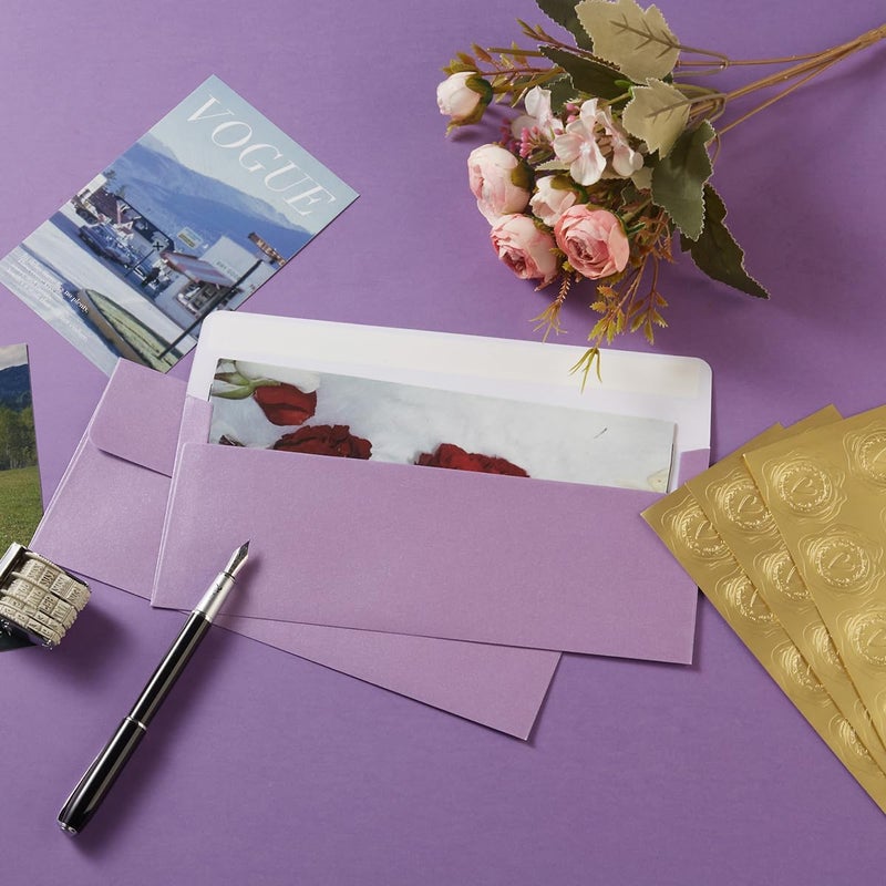 Wishop 50 Pack Shiny #10 Business Envelopes Self Seal Standard Envelopes with Gold Stickers for Office Checks, Business Cards, Letter Mailing Invoices, 4.13 x 9.49 Inches (Light Purple) - Image 5